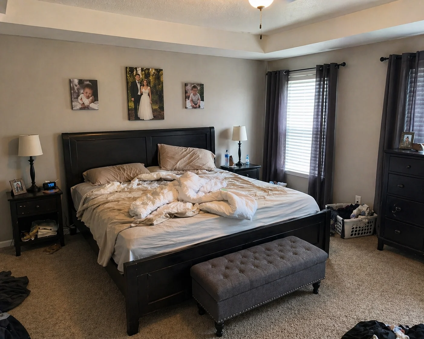 A messy bedroom before makeover with unmade bed, cluttered floor, basic furniture, and natural window light showing an unorganized space.
