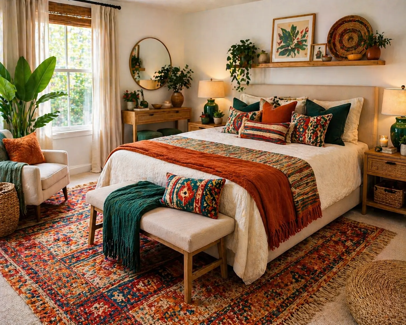 A cozy bohemian bedroom featuring a patterned rug, colorful cushions, layered bedding, indoor plants, wooden furniture, and warm natural lighting.