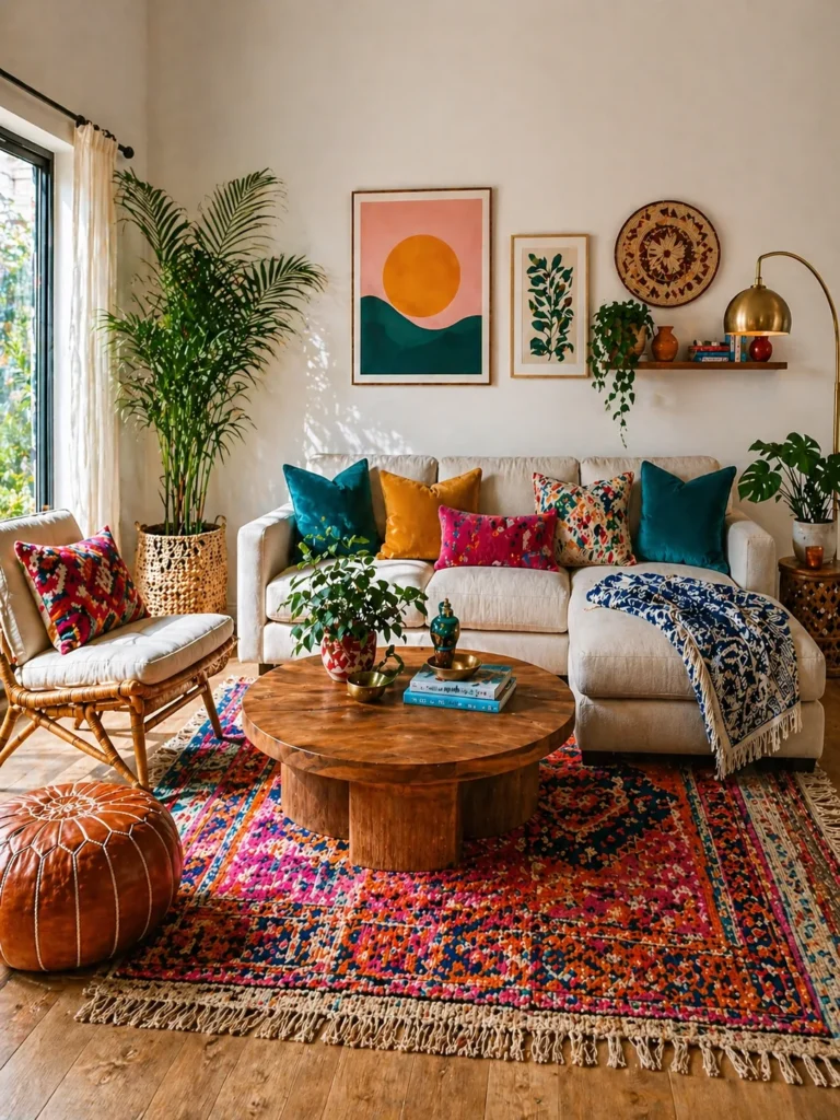 A bright bohemian living room featuring a beige sofa with colorful cushions, a vibrant patterned rug, wooden coffee table, indoor plants, and wall art with warm natural lighting.