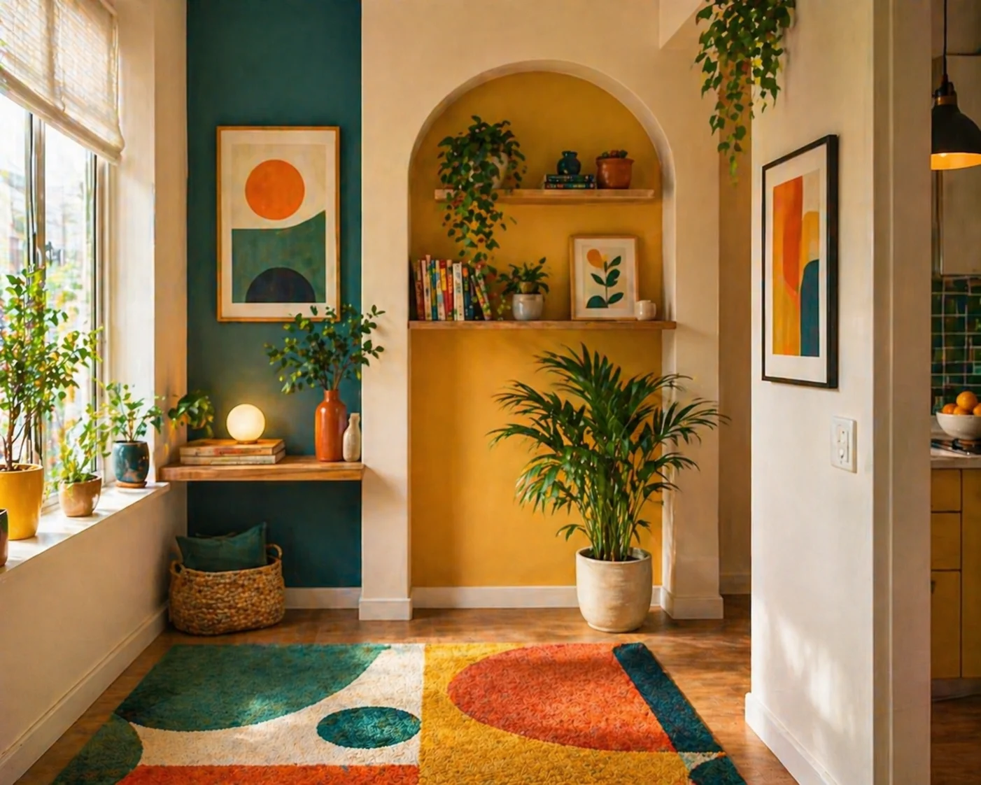 A vibrant home decor nook with colorful wall art, indoor plants, decorative shelves, warm lighting, and a bold patterned rug creating a cozy modern space.