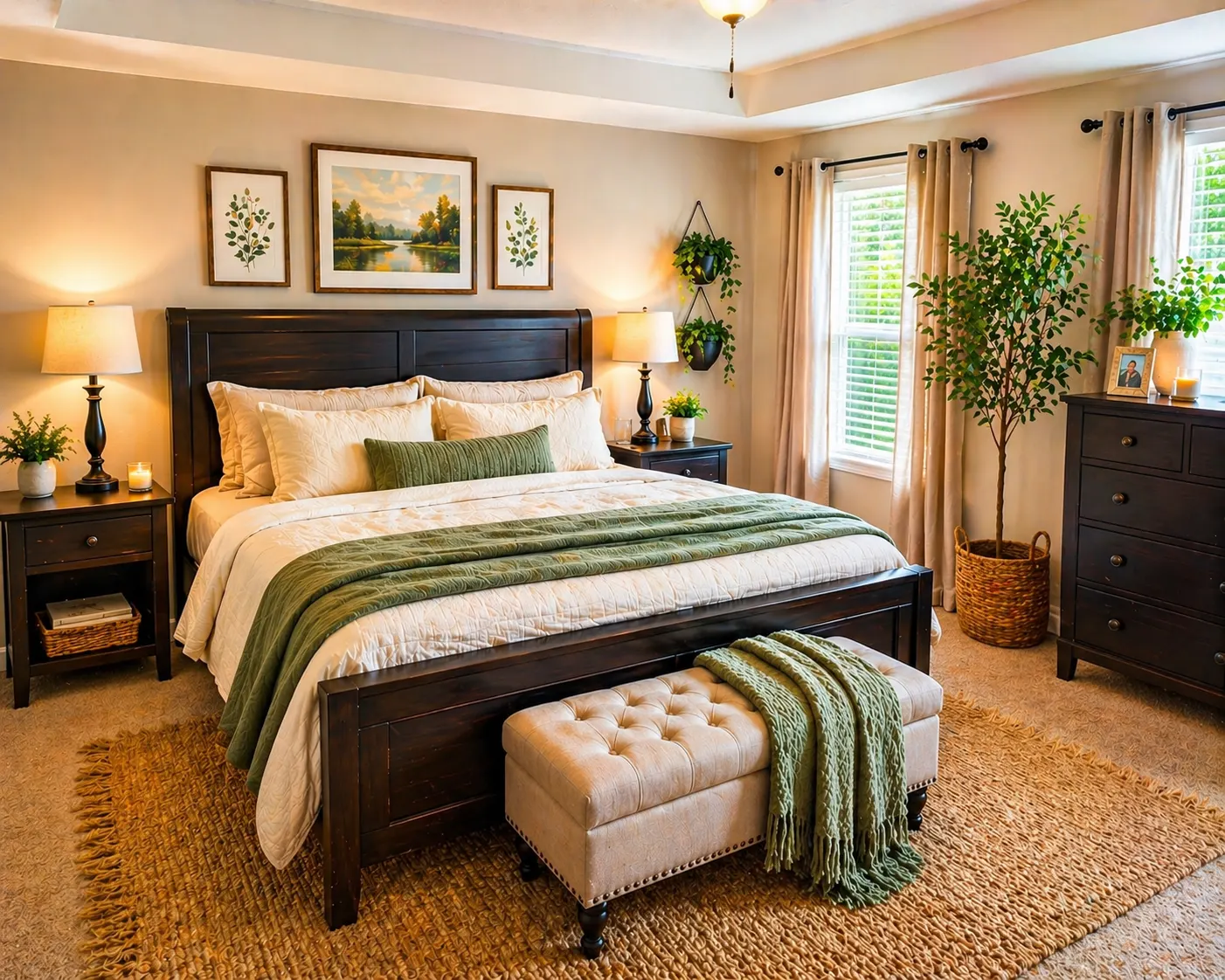A beautifully styled bedroom after makeover featuring a wooden bed, neutral bedding, green accents, indoor plants, bedside lamps, and warm cozy lighting.