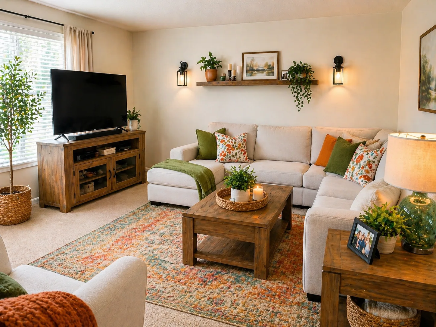 A cozy modern living room after makeover featuring a beige sectional sofa, wooden coffee table, TV console, indoor plants, warm lighting, and neutral decor with soft textures.