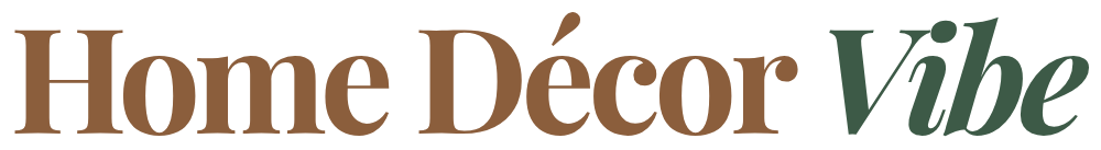 Home Décor Vibe logo in elegant serif typography with warm brown and green tones on black background