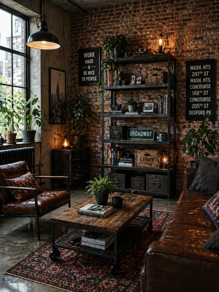 A stylish industrial living room with exposed brick walls, brown leather sofa, metal shelving unit, warm lighting, wooden coffee table, and indoor plants in a loft-style interior.