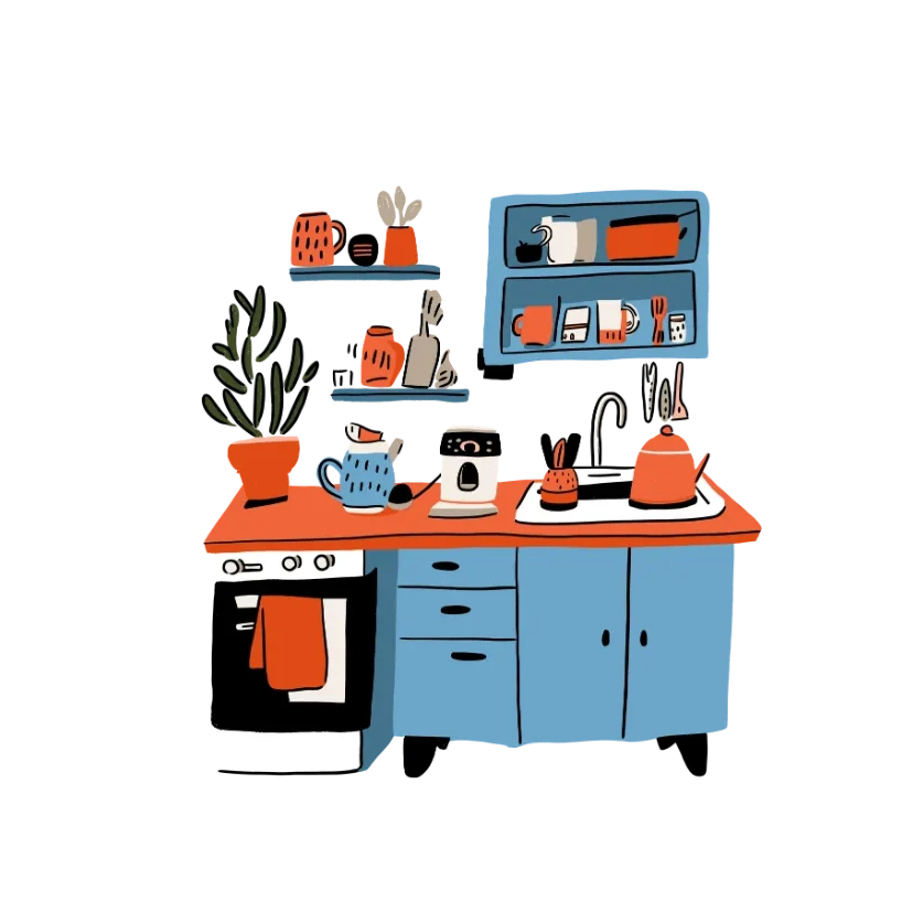 Modern kitchen setup with shelves and utensils representing stylish kitchen decor and dining space inspiration