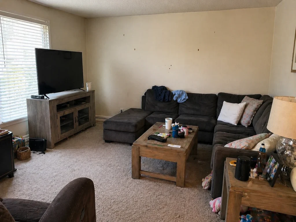 A cluttered living room before makeover with messy sofa, scattered items on table, unorganized space, and minimal decor.