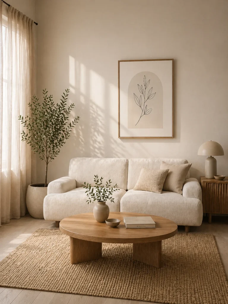 A minimalist Scandinavian living room with a beige sofa, wooden round table, neutral decor, indoor plant, soft natural light, and a clean modern aesthetic.