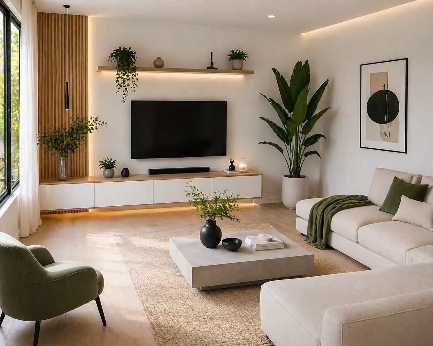 A modern minimalist living room with a wall-mounted TV, wooden panel accents, neutral furniture, indoor plants, soft lighting, and a clean luxury aesthetic.