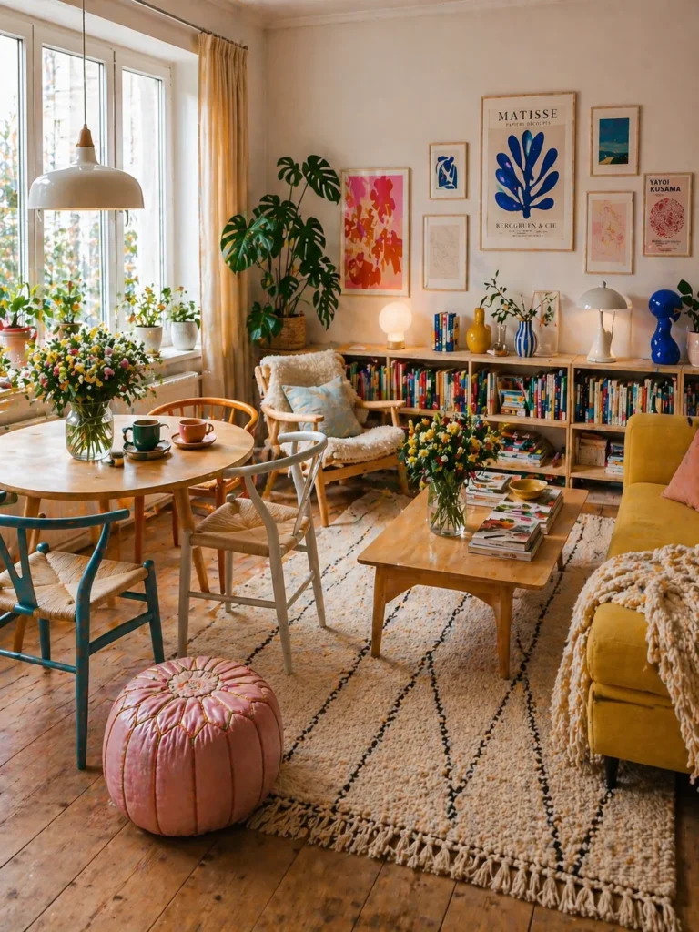 A cozy Scandinavian living room with colorful wall art, wooden furniture, indoor plants, bookshelf, soft rug, and bright natural light creating a warm and inviting space.