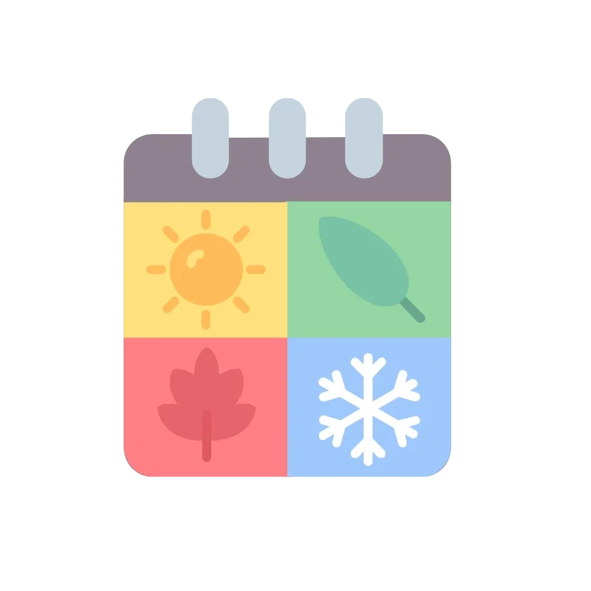Seasonal calendar icon showing sun, leaf, and snowflake representing year-round home decor ideas for every season