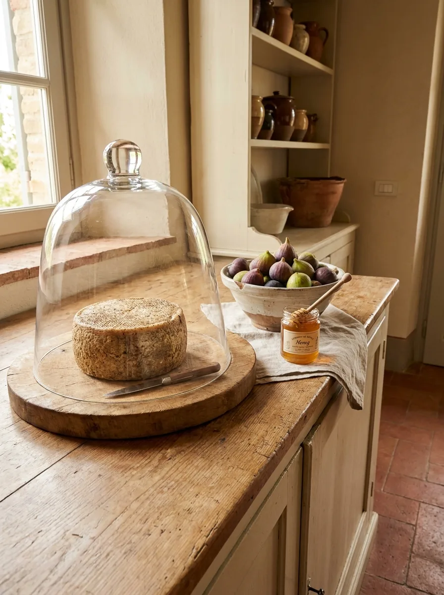 Whole aged pecorino wheel under a glass cloche on a wooden board, beside a ceramic bowl of fresh figs and a jar labeled Honig.