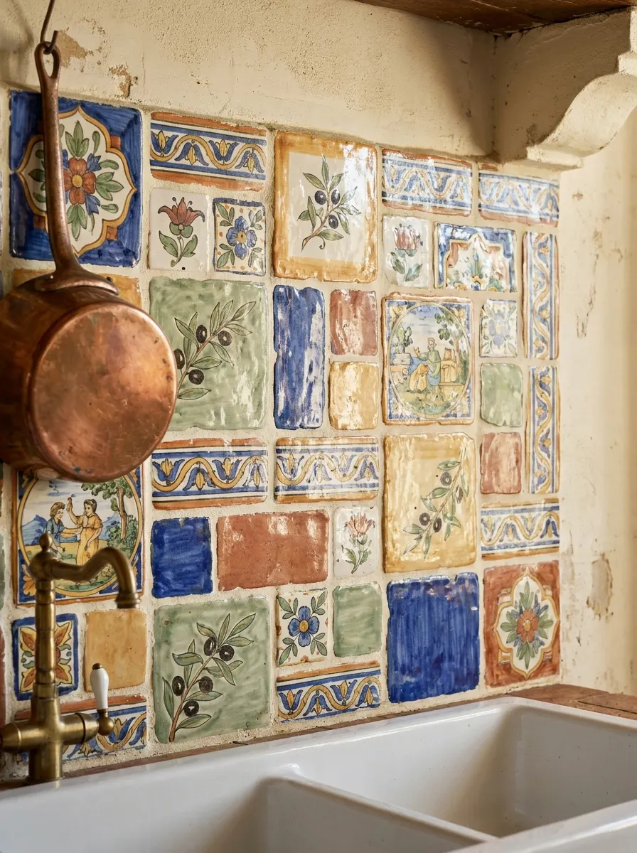 Antique hand-painted Italian ceramic backsplash tiles in blue, green, and terracotta with floral and olive branch motifs beside a brass faucet.