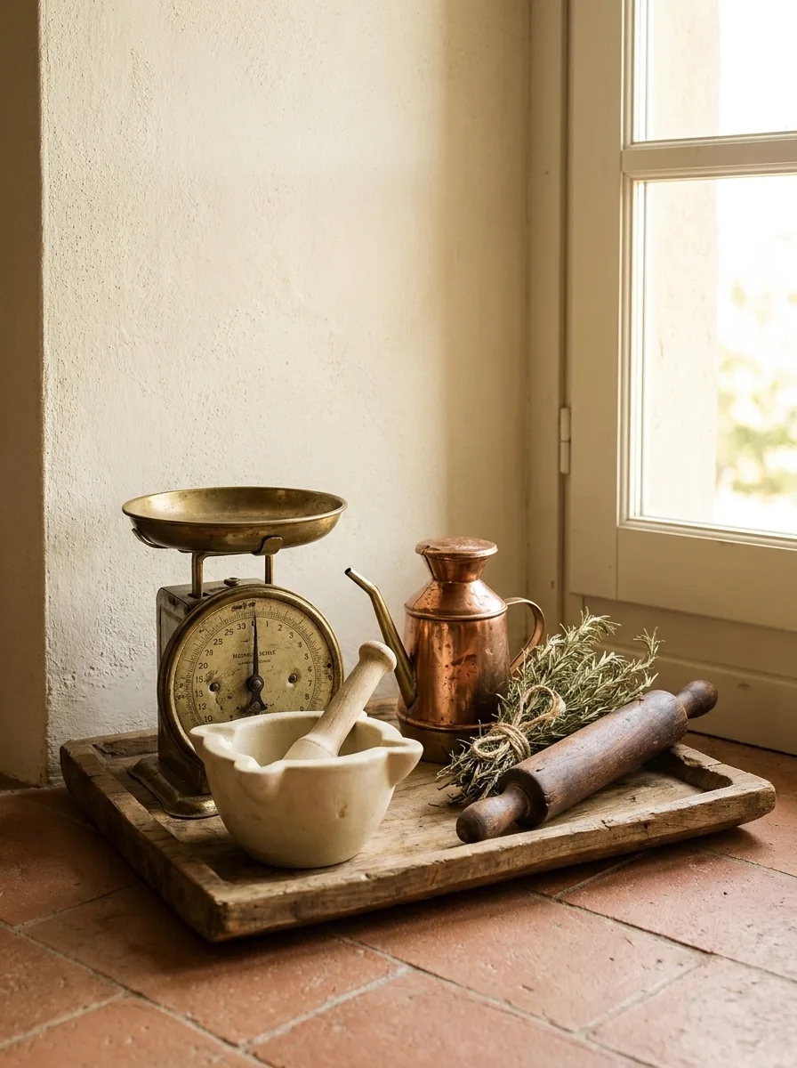 Vintage brass kitchen scale, marble mortar and pestle, copper jug, rolling pin, and rosemary bundle arranged on a reclaimed wood tray.