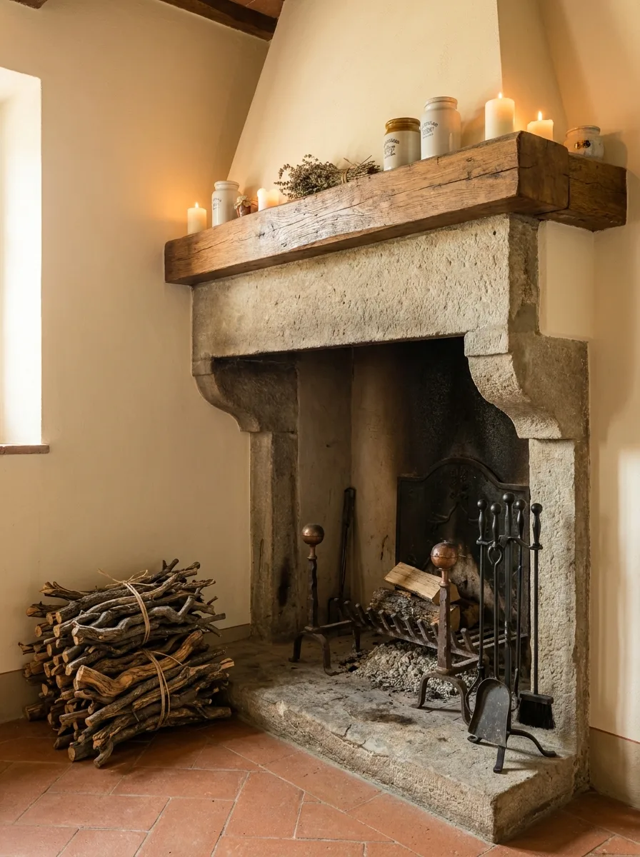 Carved stone kitchen fireplace with reclaimed wood beam mantel, iron fireset, bundled firewood, and pillar candles on warm plaster walls.