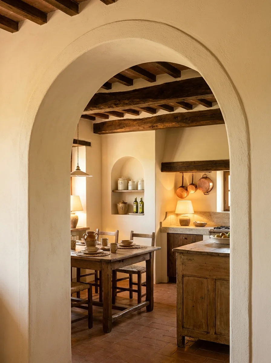 Rounded plaster arch framing a view into a Tuscan kitchen with exposed ceiling beams, copper pans, stone fireplace, and a dining table.