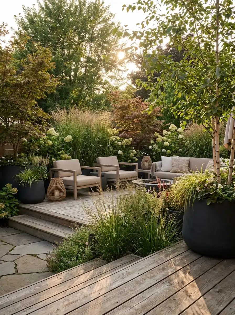 Beautiful layered backyard landscaping around wooden deck seating area with oversized planters, ornamental grasses, and cozy patio furniture
