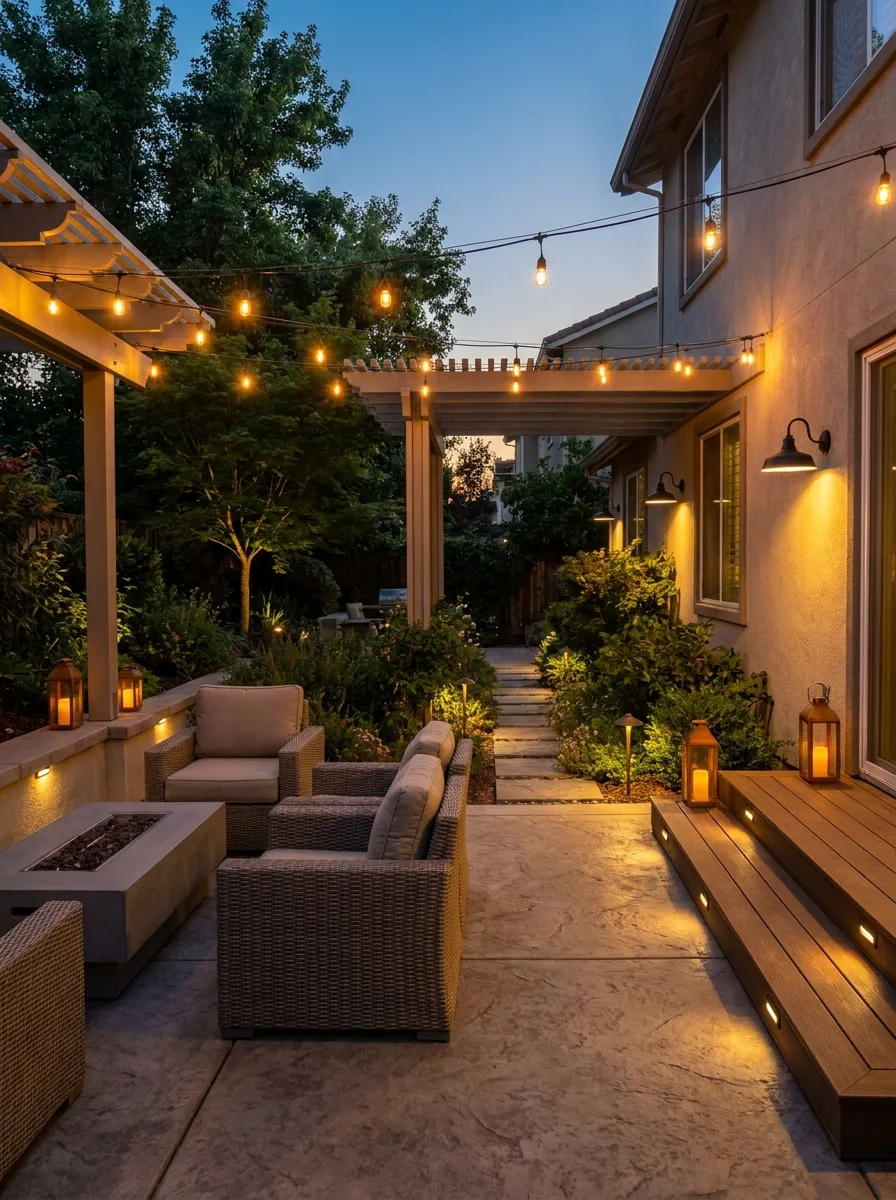 Elegant backyard lounge with glowing string lights, warm landscape lighting, pergolas, and comfortable seating creating a cozy nighttime outdoor retreat