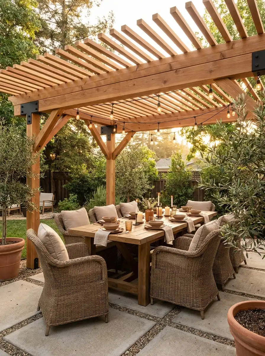 Beautiful wooden pergola dining setup with woven chairs, ambient string lights, and cozy outdoor entertaining decor perfect for backyard party inspiration