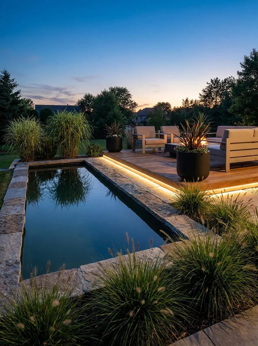 Elegant backyard water feature beside a modern wood deck with soft lighting, outdoor lounge seating, and contemporary landscaping inspiration