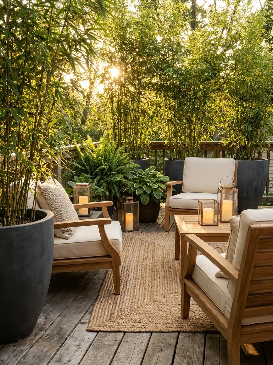 Relaxing deck seating area with bamboo privacy plants, neutral outdoor furniture, lantern candles, and cozy patio styling inspiration