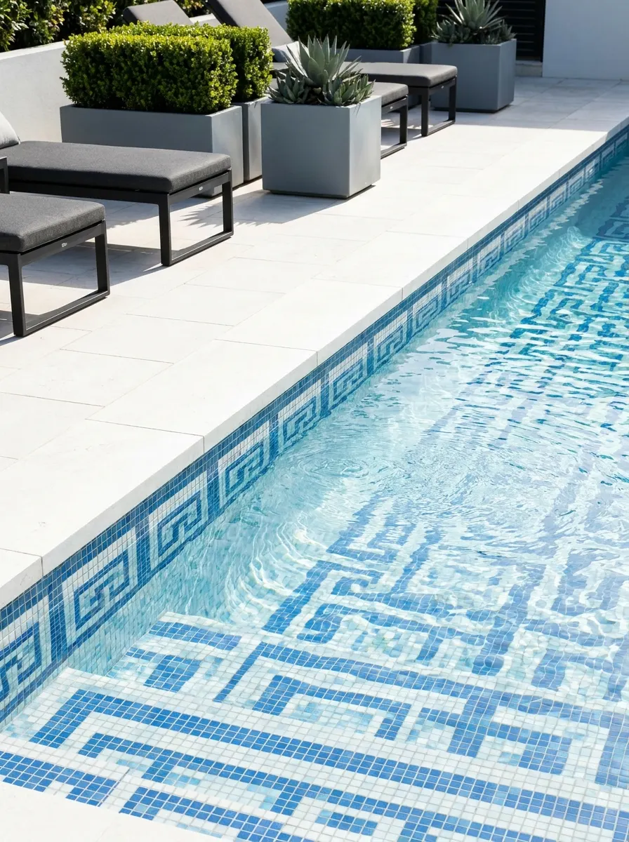 Luxury swimming pool with blue mosaic waterline tiles, white patio decking, modern outdoor furniture, and elegant contemporary pool styling