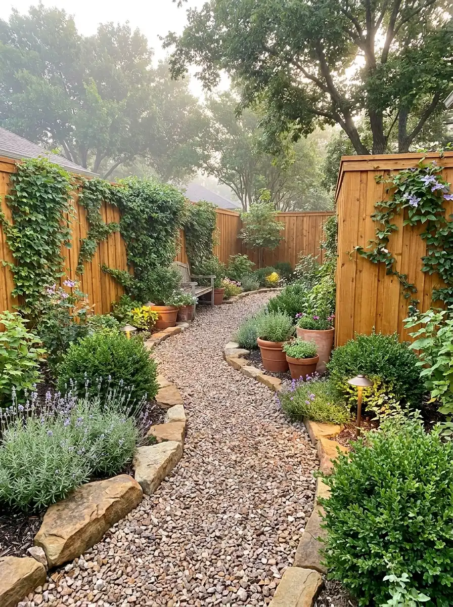 Curved gravel garden pathway with colorful flowers, climbing vines, wooden fencing, and lush landscaping for charming backyard garden inspiration