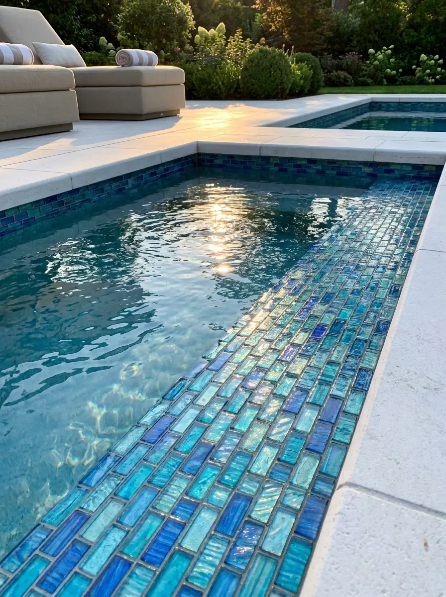 Close-up of shimmering blue waterline pool tiles with crystal-clear water, luxury patio seating, and elegant backyard pool design inspiration