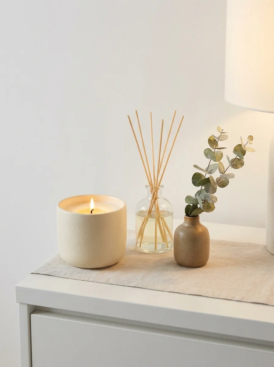 Close-up of a white bedroom dresser top styled with a large lit cream textured ceramic candle, a glass reed diffuser with bamboo sticks, and a small brown stoneware bud vase holding a dried eucalyptus sprig, arranged on a natural linen runner beside a white table lamp