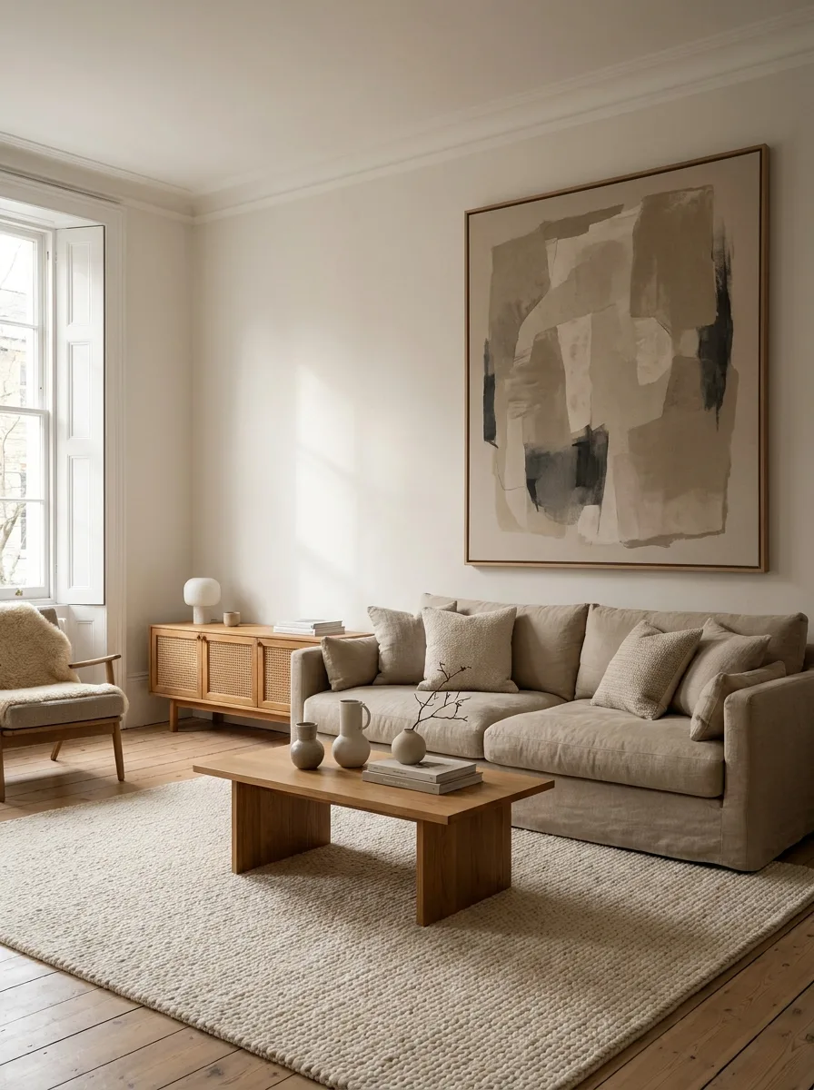 Elegant beige living room featuring abstract wall art, neutral sofa, wooden coffee table, and soft textured rug