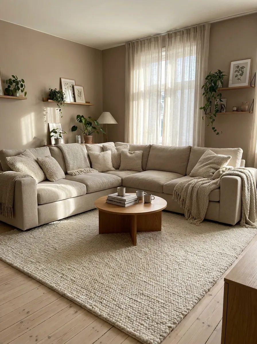 Cozy beige sectional sofa in a modern living room with layered cushions, neutral rug, natural lighting, and Scandinavian decor