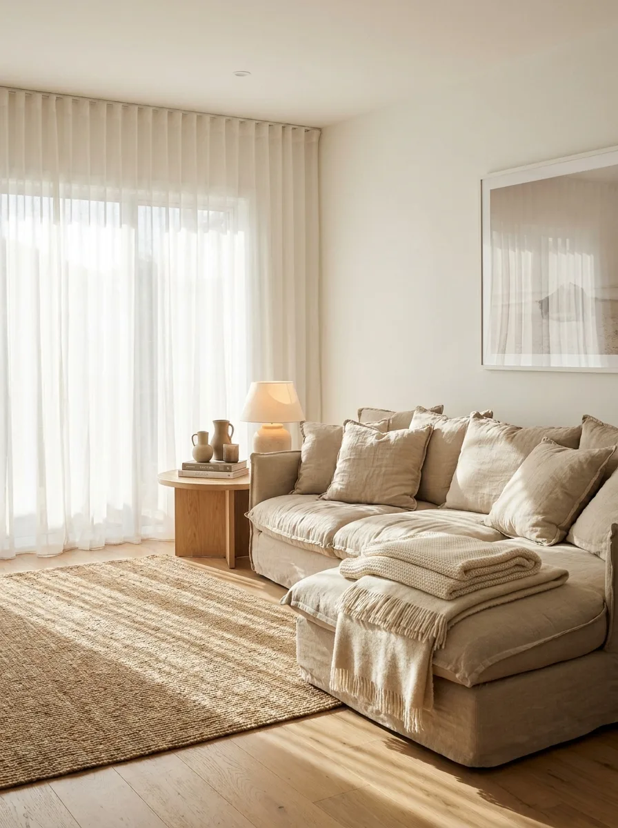 Bright beige sofa living room with sheer curtains, textured rug, warm sunlight, and modern minimalist interior design
