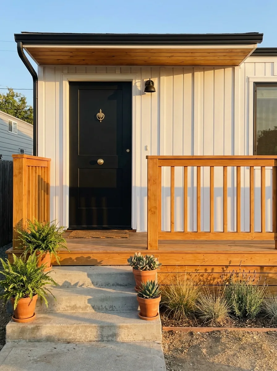 Modern mobile home curb appeal with black front door, warm cedar porch railing, white vertical siding, potted plants, and minimalist landscaping