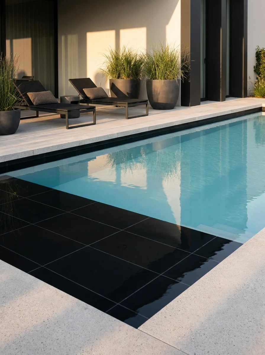 Contemporary swimming pool with glossy black tile accents, soft blue water, modern patio loungers, and minimalist backyard pool decor
