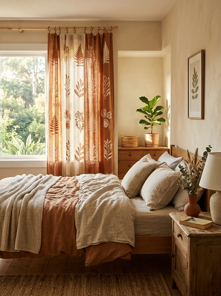 Boho bedroom curtains featuring botanical prints, wooden furniture, neutral bedding, and indoor greenery