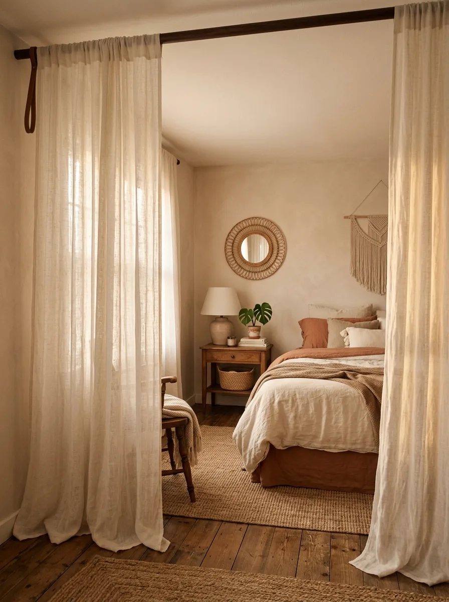Boho bedroom curtains in sheer linen fabric creating a soft room divider with warm neutral decor accents