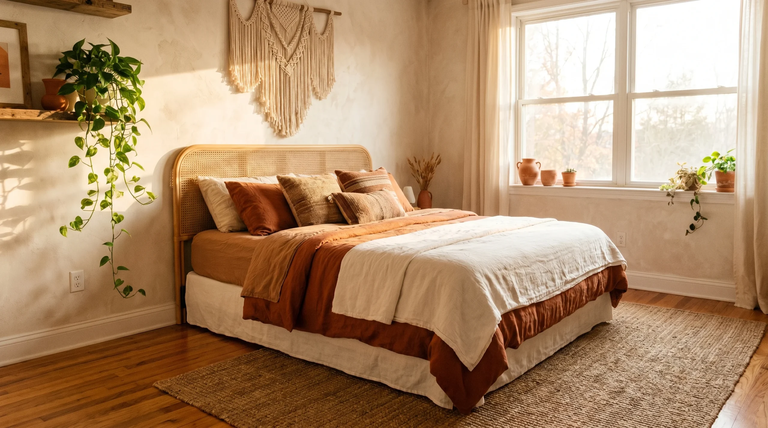 Boho bedroom decor featuring a rattan bed, layered neutral bedding, macrame wall art, and soft natural sunlight