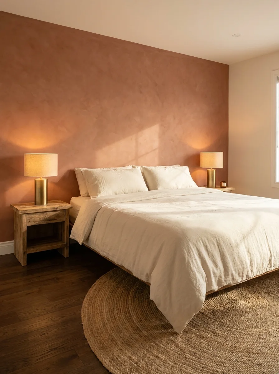 Warm boho bedroom with a textured terracotta lime-washed plaster accent wall, white linen bedding on a low wooden platform bed, rustic reclaimed wood nightstands, matching brass cylinder table lamps, and a round jute area rug on dark wood floors