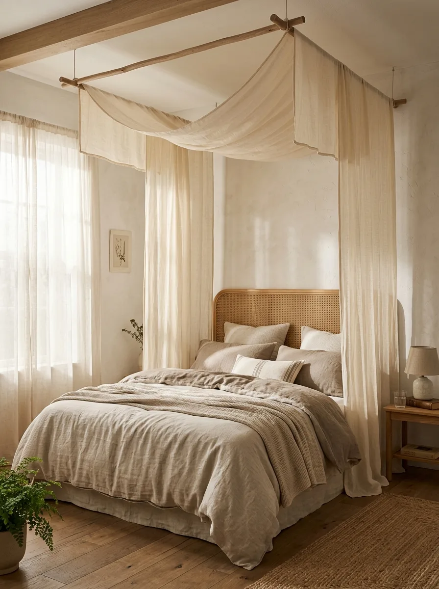 Boho canopy bed with cream linen curtains, rattan headboard, and layered neutral bedding in a cozy bedroom