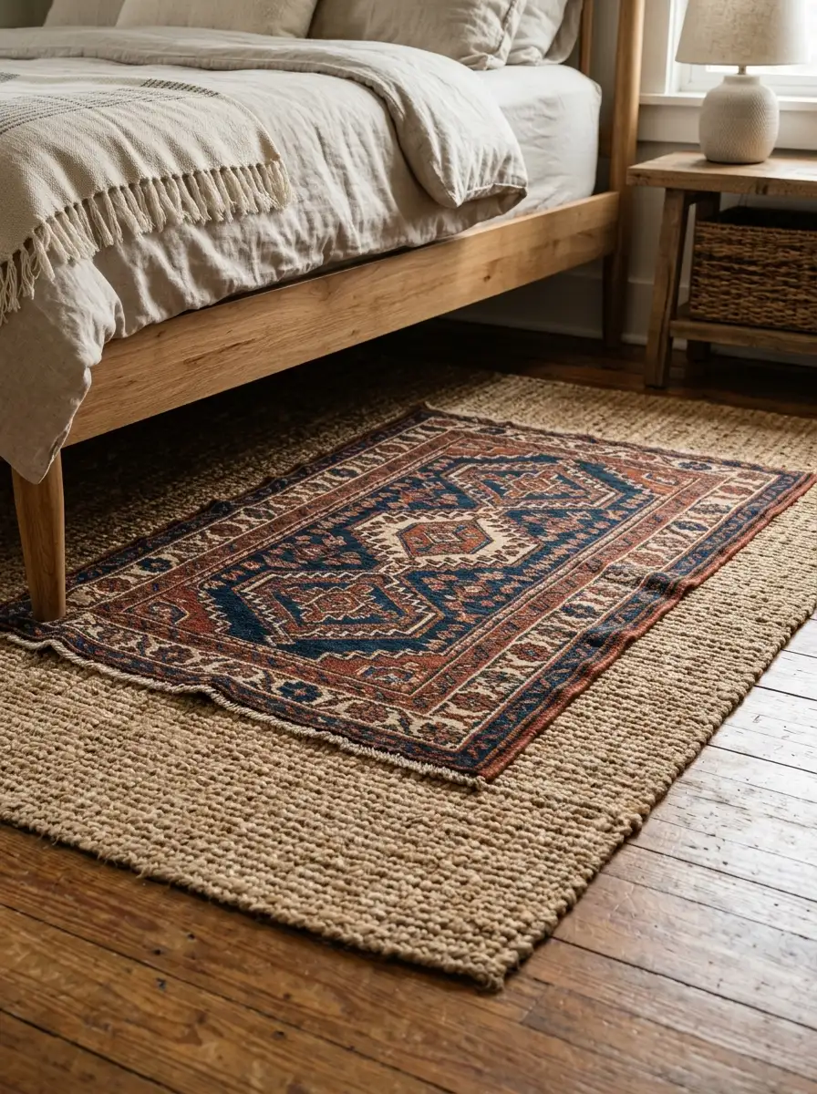 Boho jute rug layered with a vintage accent rug beneath a wooden bed on rustic hardwood flooring