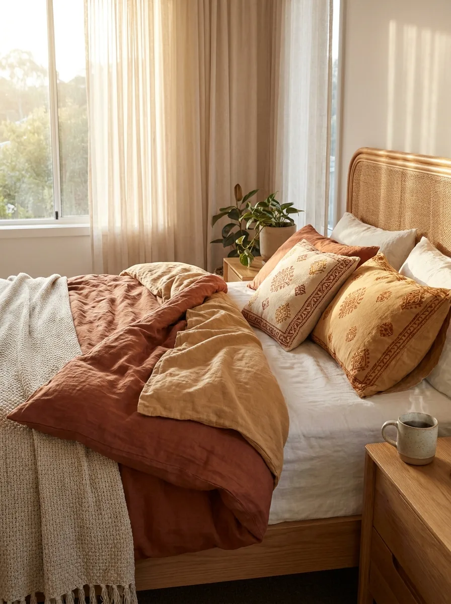 Boho linen bedding styled with earth tone pillows, wooden bed frame, and warm natural light by the window
