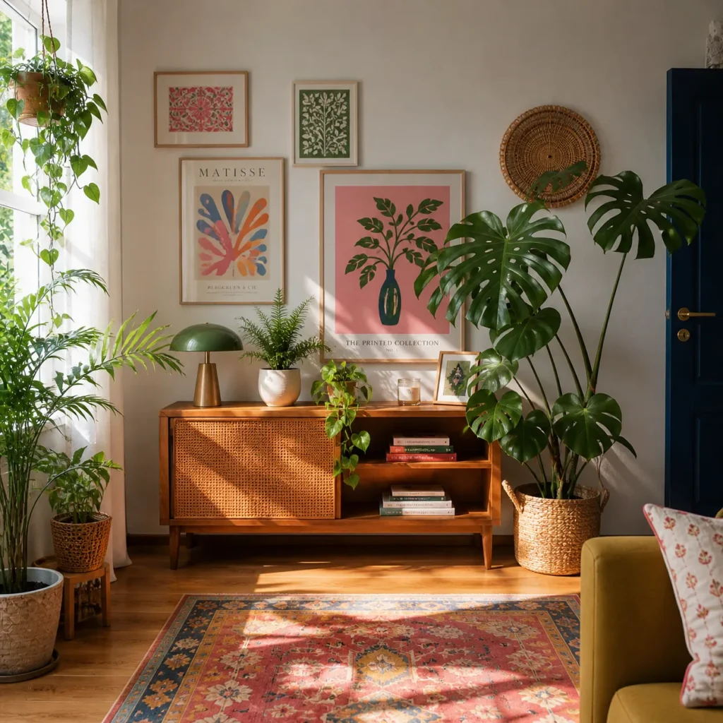 A bright boho-style living room corner with indoor plants, framed wall art, wooden sideboard, natural sunlight, and a patterned rug creating a warm aesthetic.