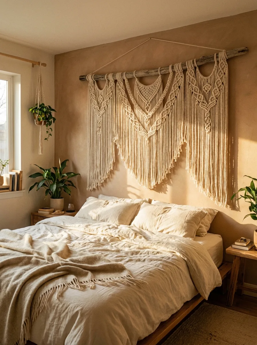 Boho macrame wall hanging above a neutral linen bed with earthy decor, plants, and warm sunlight tones