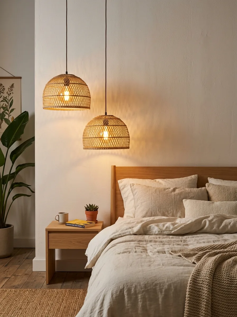 Boho pendant lighting above neutral linen bedding with woven textures, warm wood furniture, and soft glow