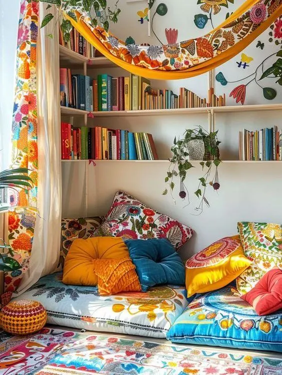 A vibrant boho reading corner with colorful cushions, hanging fabric hammock, bookshelves, indoor plants, and bright cozy decor.