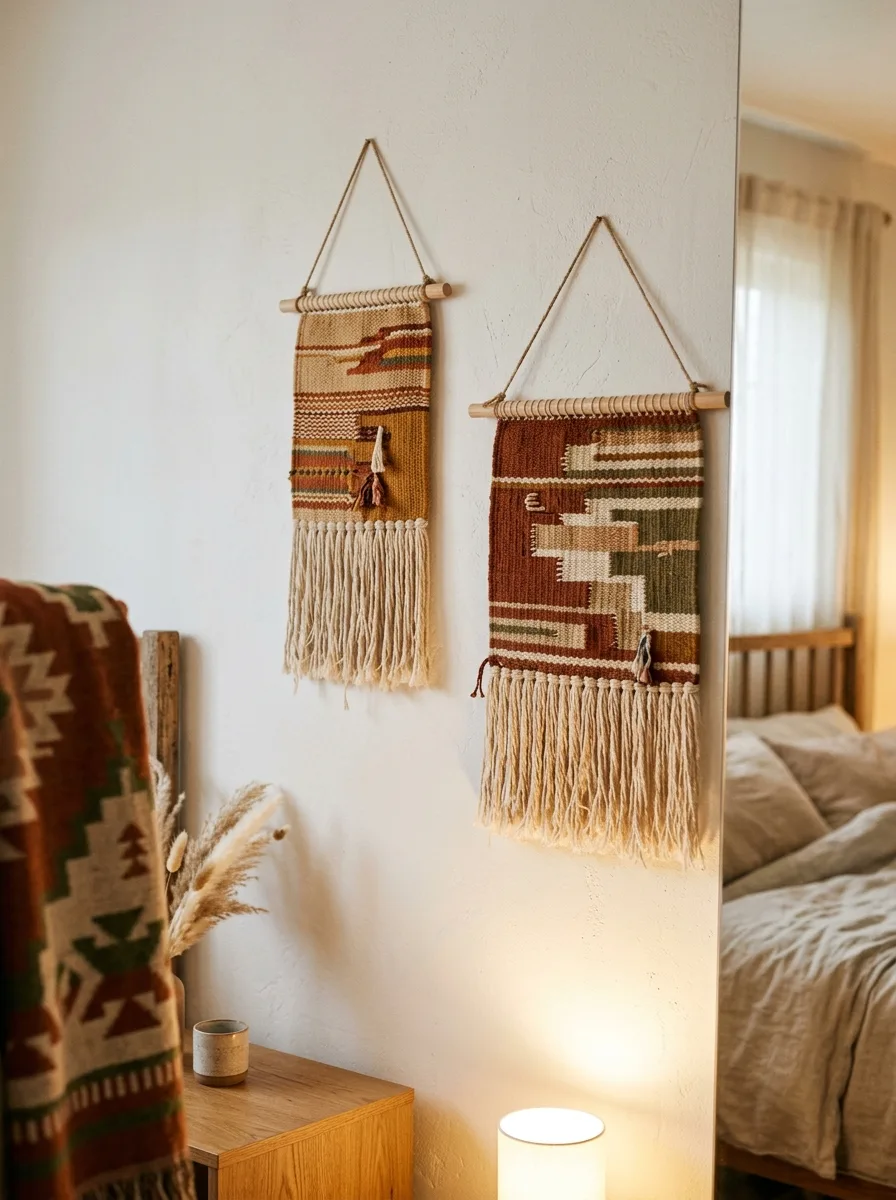 Boho textile wall panels with woven patterns and tassels adding texture to a cozy neutral bedroom space