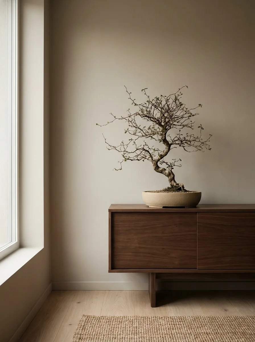 Bonsai tree in a ceramic pot displayed on a walnut sideboard with soft natural light and Japandi decor