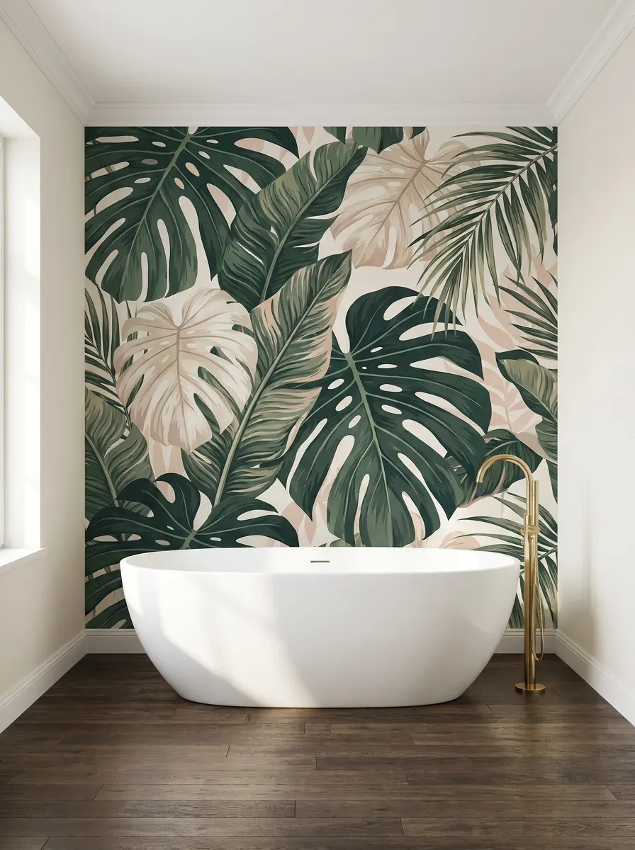 Botanical wallpaper bathroom featuring tropical leaf mural, white freestanding tub, and dark wood flooring accents