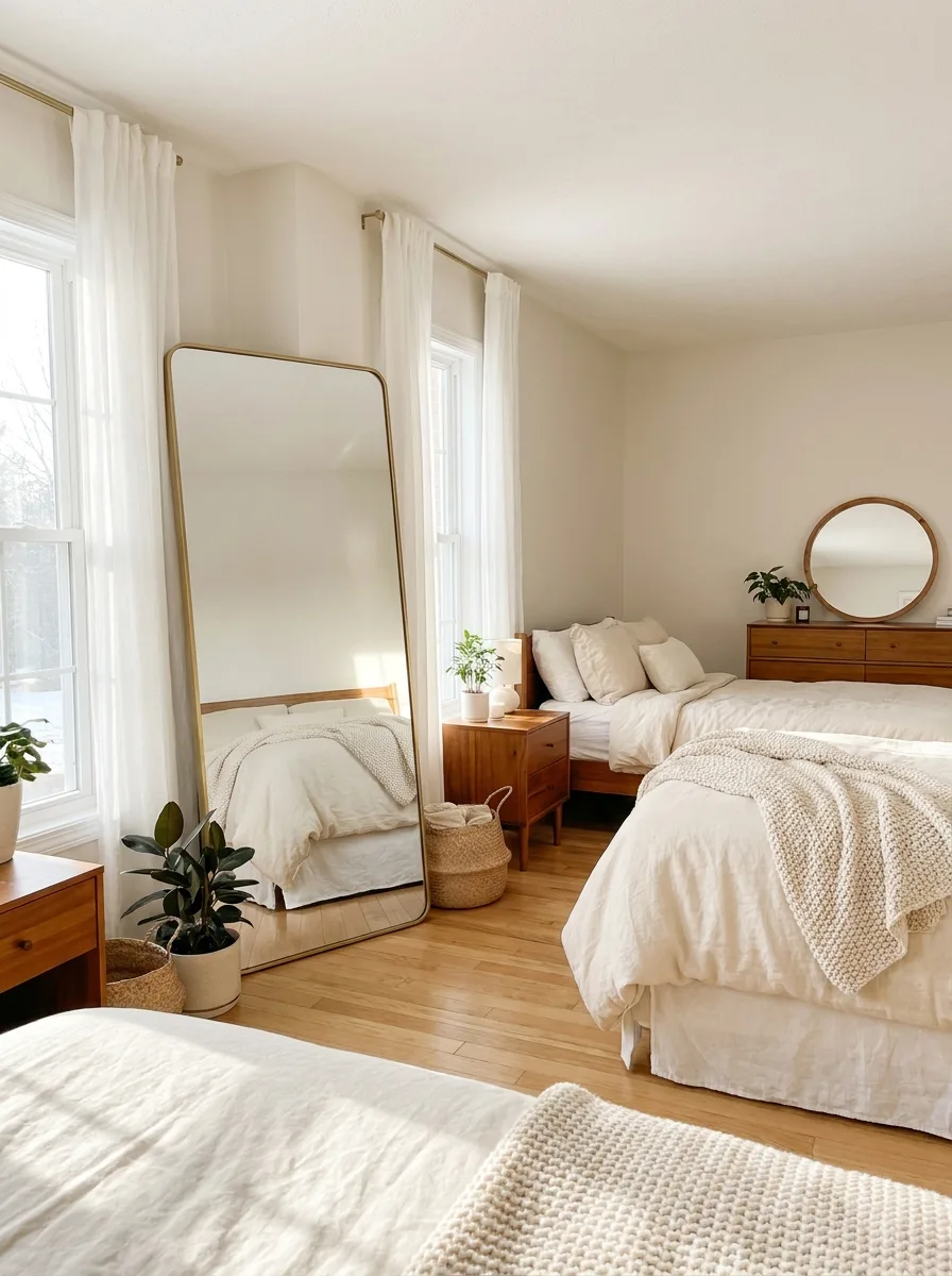 Light and airy bedroom with white curtains, multiple beds with cream linen bedding and chunky knit throws, mid-century walnut wood furniture, a tall gold-framed full-length leaning floor mirror, potted houseplants, and woven baskets for storage