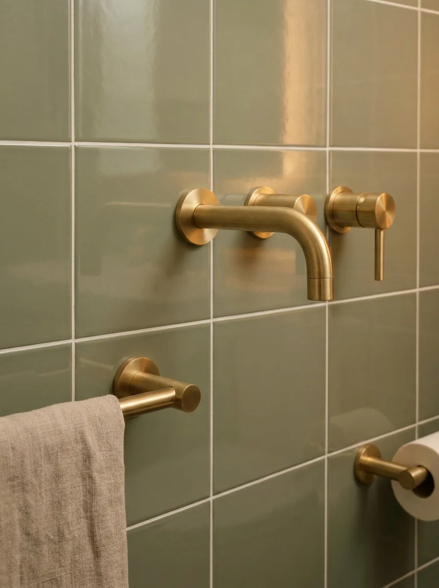 Brushed brass bathroom fixtures mounted on sage green tile wall with modern towel holder and minimalist styling