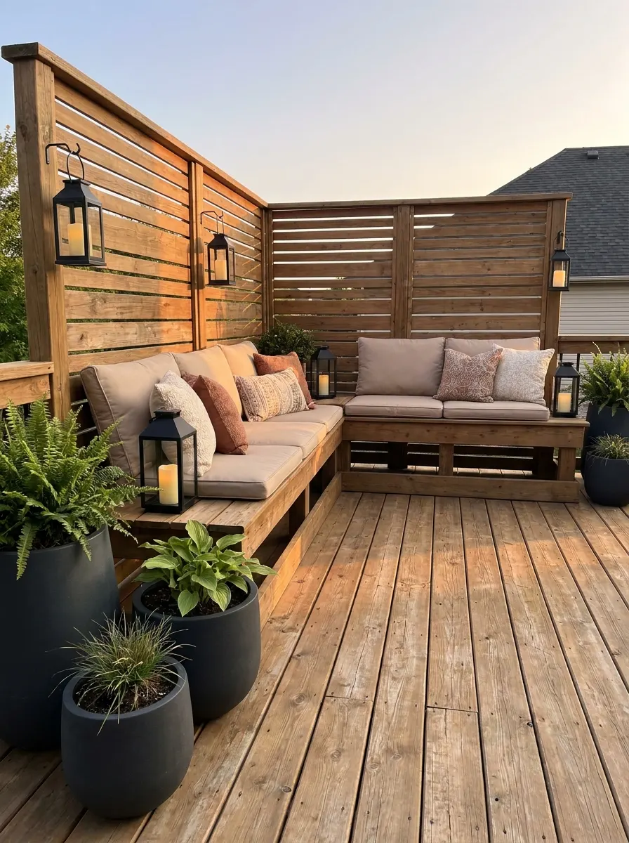 Warm wooden deck with built-in seating benches, privacy fence panels, lantern decor, and cozy neutral outdoor cushions